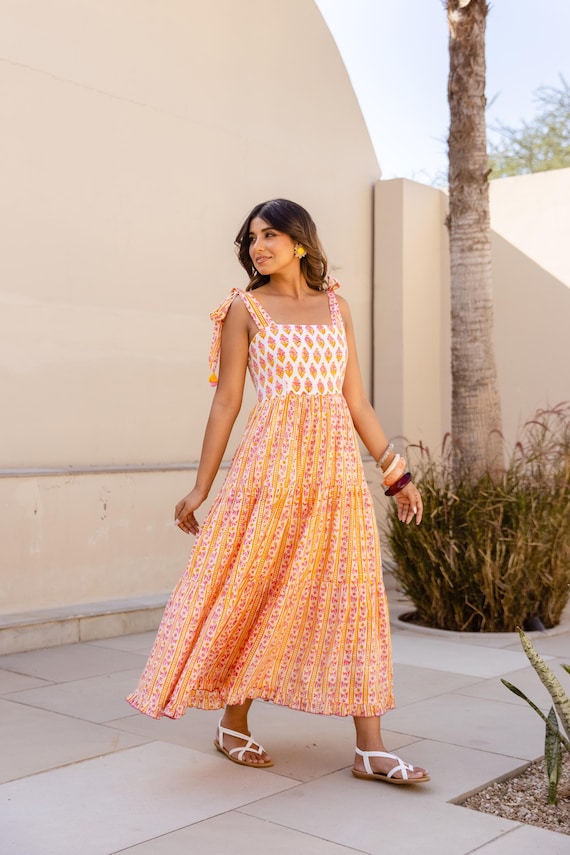Cotton Summer Dress for Women | Yellow Floral Maxi Dress | Block Print Sundress | Boho Holiday Dress