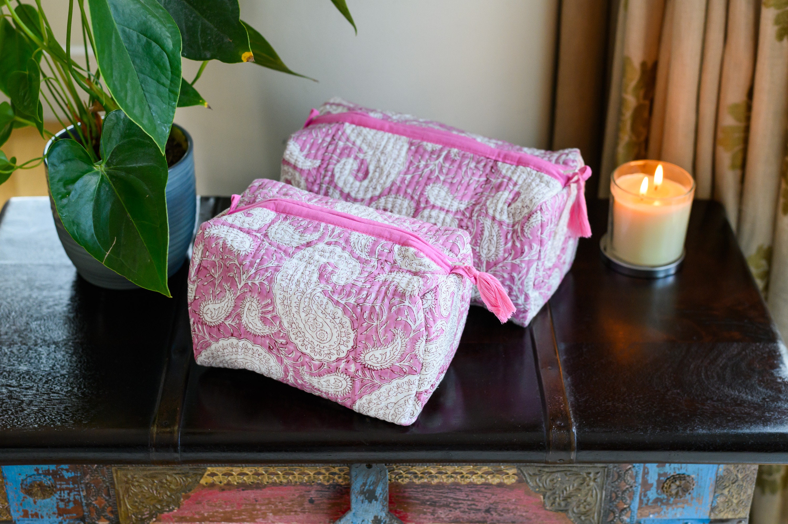 Quilted Cotton Makeup Bag, Cosmetic Bag, Toiletry Bag, Gift for Her, Small Wash Bag For Women, Block Print Washbag, Cloth Toiletry Bag