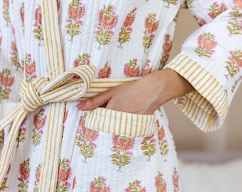 Luxury Quilted Robe, Winter Kimono Dressing Gown, Warm Loungewear, Christmas Dressing Gown, Cotton Robe, Christmas Gift for Her