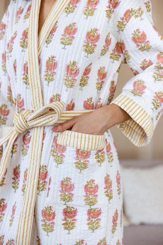 Luxury Quilted Robe, Winter Kimono Dressing Gown, Warm Loungewear, Christmas Dressing Gown, Cotton Robe, Christmas Gift for Her