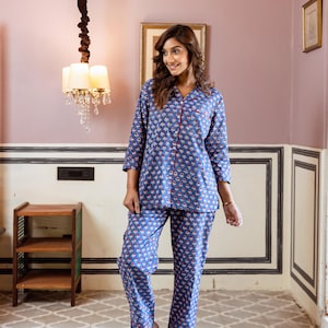 Cotton Block Print Pajama Set: Indian Blue Cotton PJs, Winter Pyjamas
