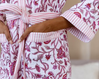 Luxury Quilted Robe, Winter Kimono Dressing Gown, Warm Loungewear, Christmas Dressing Gown, Cotton Robe, Gift for Mum, Block Print Robe