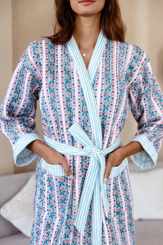 Luxury Quilted Robe, Winter Kimono Dressing Gown, Warm Loungewear, Christmas Dressing Gown, Cotton Robe, Christmas Gift for Mum