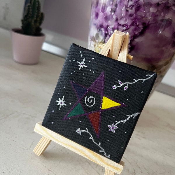 Tableau 7x7cm pentagram sur son chevalet / witch painting