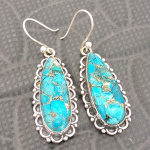 Blue Copper Turquoise Dangle Earrings: Handmade Sterling Silver Boho Jewelry