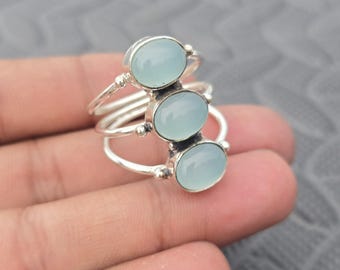 Aqua Chalcedony Oval Statement Ring, 925 Sterling Silver Boho Style
