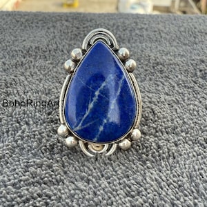 Pear Lapis Lazuli Ring: Handmade Sterling Silver Boho Statement