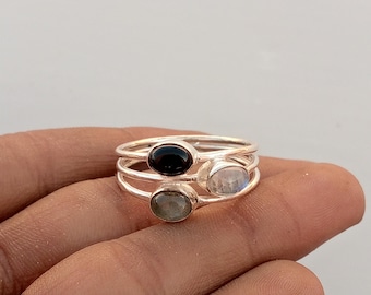 Labradorit & Mondstein, schwarzer Onyx Edelstein Ring, handgemachter Schmuck, 925 Sterling Silber, Statement, Verlobung, Jahrestag