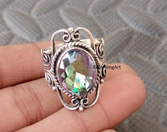 Piedra preciosa de topacio místico, plata de ley 925, declaración, joyería hecha a mano, anillo de aniversario, anillo de bodas,
