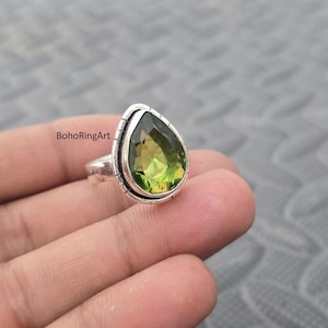Peridot Gemstone Ring: Handmade Sterling Silver Pear Ring, Boho Hippie Style