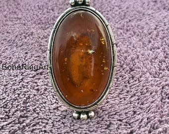 Handmade Amber Gemstone Ring: Sterling Silver Boho Statement Jewelry
