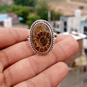 Puede incluir: Anillo de plata con un fósil de amonita ovalado. El fósil, en tonos marrones y beige, presenta un patrón en espiral detallado, engastado en un borde de cuerda plateada retorcida. El anillo se sostiene en una mano, con un fondo exterior borroso.