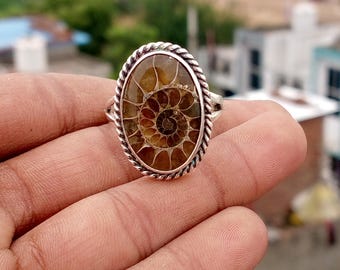 Ammonit Edelstein Ring, Oval 925 Sterling Silber, Boho Hippie Style
