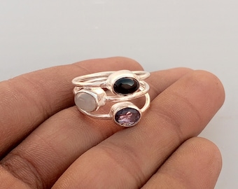 Amethyst & Schwarzer Onyx, Mondstein Edelstein, 925 Sterling Silber, Handgemachter Schmuck, Statement Ring, Geburtstagsgeschenk