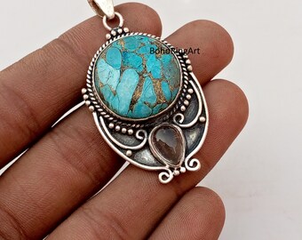 Blue Turquoise & Smoky Quartz Gemstone, Handmade Jewelry, 925 Sterling Silver, Anniversary Gift