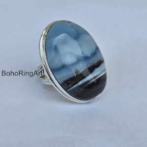 Blue Opal Gemstone Ring, Statement Ring, 925 Sterling Silver Ring, Handmade Women Ring, Oval Gemstone Ring, Opal Silver Ring, Gift For Mom