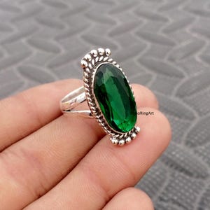 Emerald Sterling Silver Statement Ring, Boho Hippie Style, Oval Gemstone Jewelry
