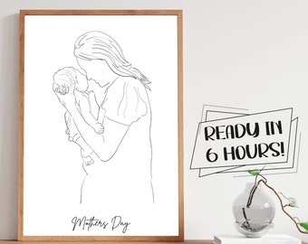 Faceless Mom Portrait, Mothers Day Gift, Custom Line Drawing, Personalized Family Gift, Line Art From Photo, Custom Line From Photo