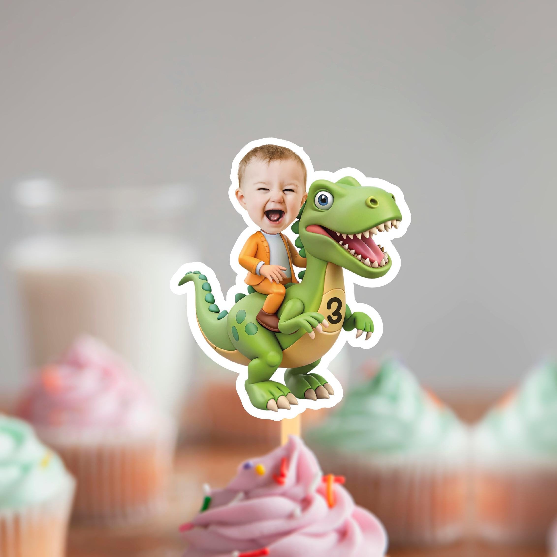 T-rex Rider Cupcake Topper Dinosaur Design Printable Digital File, Personalised Cupcake Topper, Cupcake Topper Digital Download