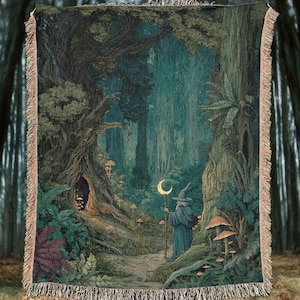 Coperta tessuta con motivo druido della foresta incantata, tappeto fantasy con arazzo medievale, copriletto in cotone con motivo boschivo, decorazione Forestcore, regalo pagano