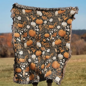 Autumn Floral Pumpkin Woven Throw Blanket | Halloween Rug Wall Hanging Tapestry Sofa Bed Cover Fall Decor - 100% Cotton Gift For Her
