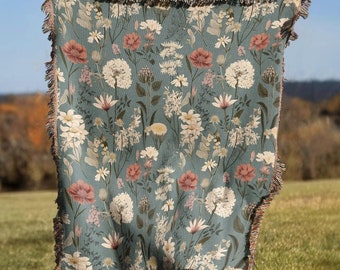 Cottagecore Vintage Flowers Throw Blanket | Floral Woven Rug Wall Hanging Sofa Bed Cover Decor - 100% Cotton Gift For Her
