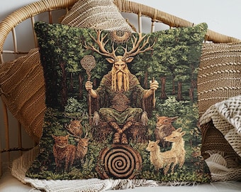 Viking Woven Pillow Medieval Celtic Decor, Druid God Cernunnos Cushion Cover, Folklore Sofa Bed Room Gift, Forestcore Cotton Home Decoration