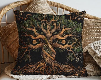 Woven Pillow - Woodland Fantasy Tree Of Life Decorative Cushion Cover, Woodland Oak Tree Lover Sofa Bed  Decor, 17x18 Inches
