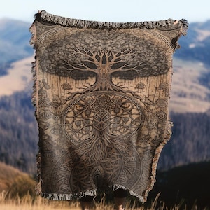Celtic Yggdrasil Tree Throw Blanket | Norse Mythology Woven Wall Hanging Art Decor Sofa Bed Cover - 100% Cotton