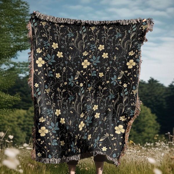 Whimsigoth Cottagecore Flowers Pläd | Gotisk vävd matta väggbonad, bäddsoffa överdrag mörk estetisk dekor - bomull goth present till henne