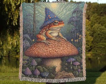 Wizard Frog Toadstool Mushroom Throw Blanket | Woven Wall Hanging Decor Sofa Bed Cover - 100% Cotton