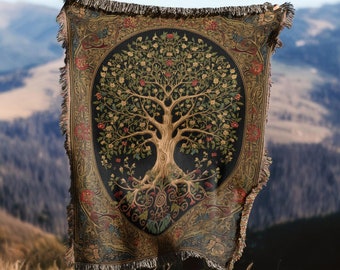 Jeté tissé médiéval Arbre de vie | Décor botanique chaleureux de tapis suspendu au mur | Cadeau floral pour amoureux