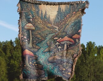 Trippy Mushroom Forest Throw Blanket Tapestry | Woven Wall Hanging Sofa Bed Cover - 100% Cotton