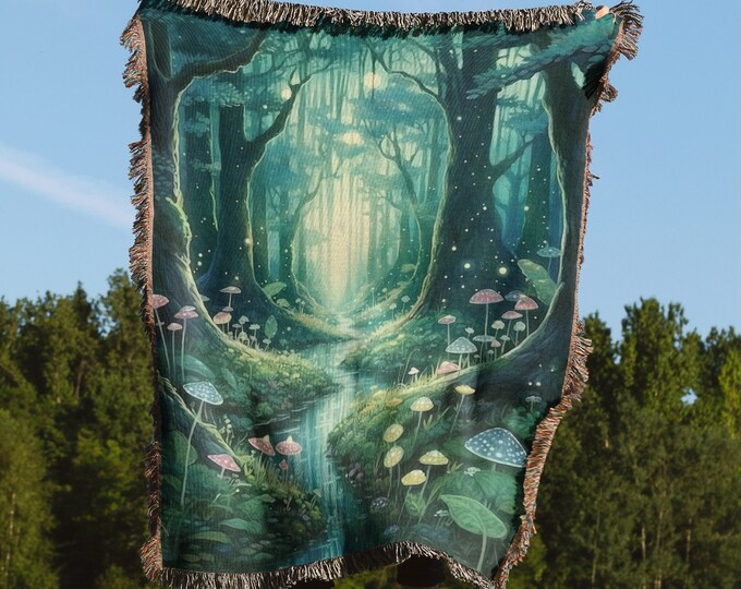 Magical Fantasy Forest Throw Blanket | Fairycore Woven Tapestry Rug | Sofa Bed Cover - 100% Cotton Decor Gift