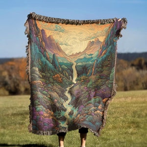 Trippy Mountains Throw Blanket Tapestry | Boho Woven Rug Wall Hanging Sofa Bed Cover Decor - 100% Cotton Gift For Her