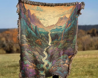 Trippy Mountains Throw Blanket Tapestry | Boho Woven Rug Wall Hanging Sofa Bed Cover Decor - 100% Cotton Gift For Her
