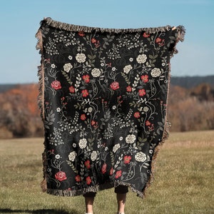 Gothic Rose Flowers Throw Blanket | Whimsigoth Woven Rug Tapestry, Sofa Bed Room Cover Dark Aesthetic Decor, Cotton Cottagecore Gift
