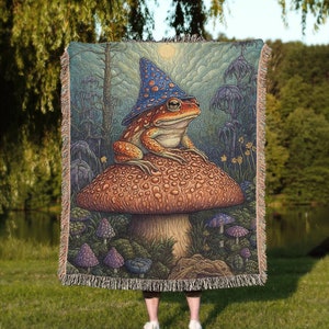 Wizard Frog Toadstool Mushroom Throw Blanket | Woven Wall Hanging Decor Sofa Bed Cover - 100% Cotton