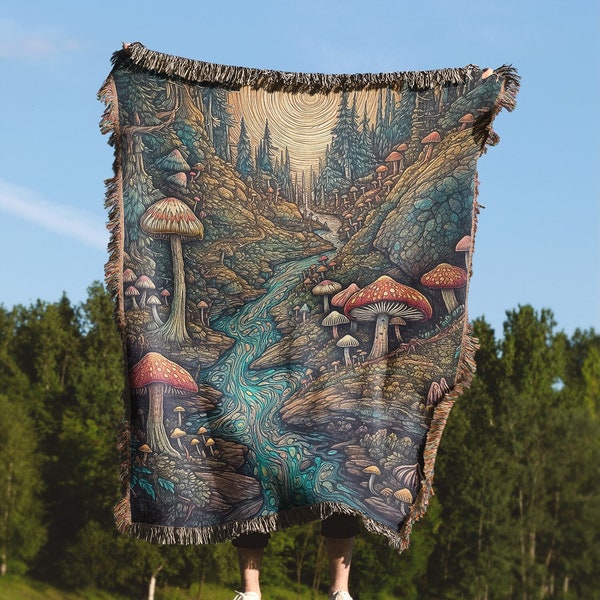 Trippy Mushroom Forest Throw Blanket Tapestry | Woven Wall Hanging Sofa Bed Cover - 100% Cotton