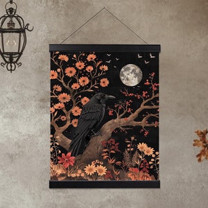 Dark Cottagecore Crow Wall Hanging | Woodland Wooden Frame Canvas Poster, Halloween Dorm Bed Room Gothic Decor, Raven Lover Gift