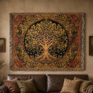 Medieval Tree Of Life Throw Blanket Tapestry Rug | Woodland Woven Wall Hanging Decor | Nature Lover Picnic Gift