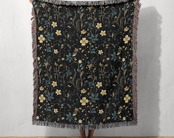 Whimsigoth Cottagecore Flowers Throw Blanket | Gothic Woven Rug Wall Hanging, Sofa Bed Cover Dark Aesthetic Decor - Cotton Goth Gift For Her