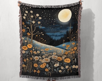 Moonlight Floral Wildflowers Throw Blanket Tapestry Rug | Dark Academia Woven Wall Hanging Cottagecore Decor | Sofa Bed Cover - Cotton Gift