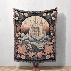 Fairytale Fantasy Kingdom Throw Blanket Tapestry | Floral Fairycore Woven Wall Hanging Sofa Bed Cover Cottagecore Decor - 100% Cotton