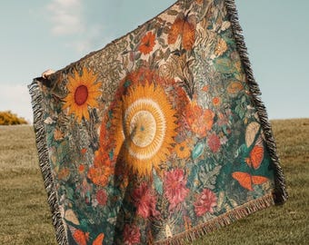 Floral Mandala Cottagecore Throw Blanket Tapestry | Boho Vintage Woven Rug Wall Hanging Sofa Bed Cover Decor - Cotton Hippie Gift For Her
