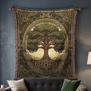 Yggdrasil Tree Of Life Cotton Tapestry Throw | Medieval Woven Blanket Wall Hanging Rug | Ethnic Decor Sofa Bed Cover Gift