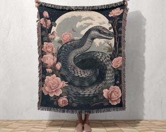 Snake Floral Roses Throw Blanket Tapestry | Vintage Moon Woven Wall Hanging Rug Decor | Sofa Bed Cover - Cotton Nature Lovers Gift for her