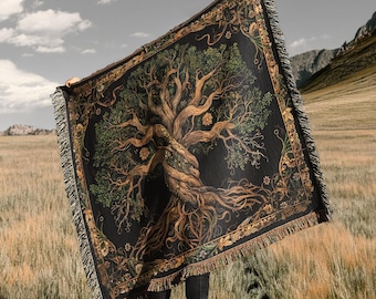 Woodland Fantasy Tree Of Life Throw Blanket | Goblincore Woven Wall Hanging Rug Decor | Magical Sofa Bed Cover - 100% Cotton Gift