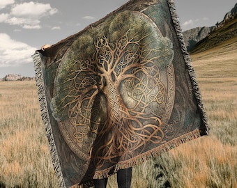 Yggdrasil Tree Of Life Throw Blanket | Norse Mythology Tree Woven Wall Hanging Ethnic Decor Sofa Bed Cover - 100% Cotton