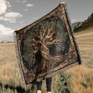 Woodland Fantasy Tree Of Life Throw Blanket | Goblincore Woven Wall Hanging Rug Decor | Magical Sofa Bed Cover - 100% Cotton Gift